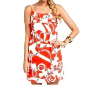 Lilly Pulitzer 100% Silk Tango Orange Booze Cruise Laya Ruffle Dress Nautical